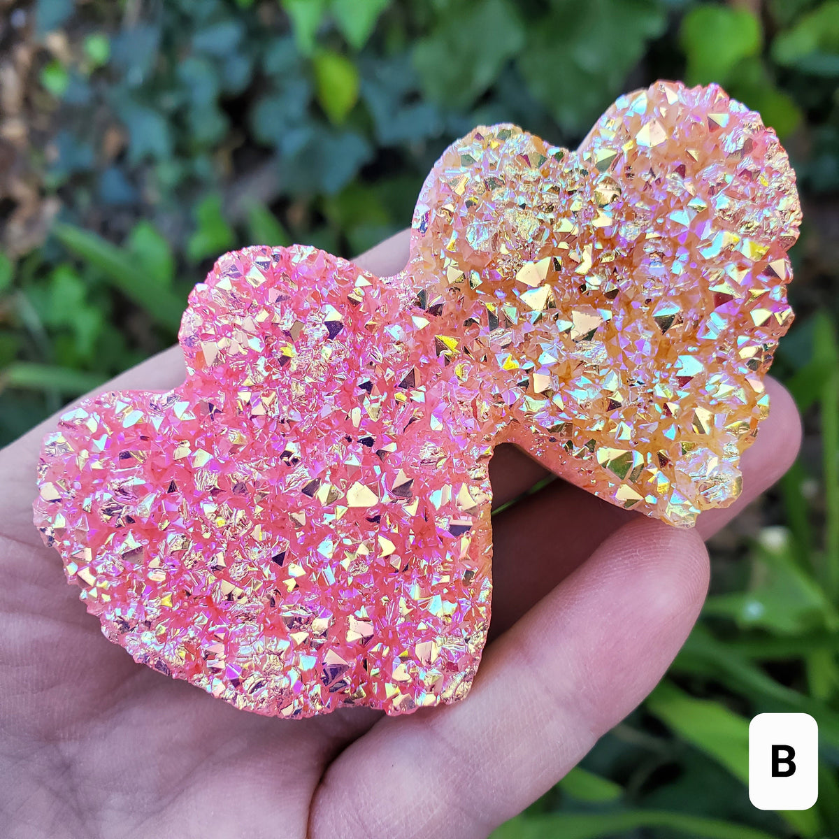 Aura Quartz Cluster Double Heart - Counteracts Negative, Energizes Positive Energy - Rainbow Cluster Heart Healing Stone Crystals Gemstones