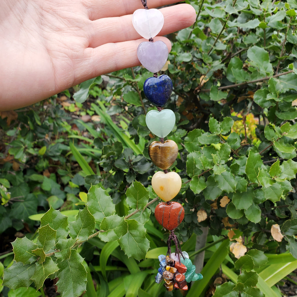 Crystal Hearts Car Charm 10" - Grounding, Manifestation, Self Reflection, Prosperity, Wisdom, Strength, Awareness - Chakra Hanging Charm