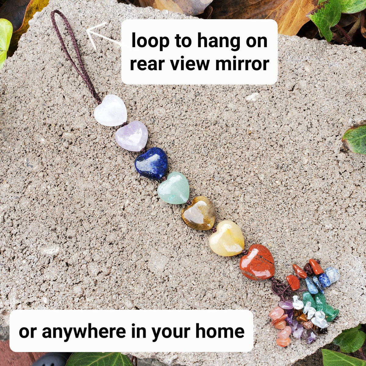 Crystal Hearts Car Charm 10" - Grounding, Manifestation, Self Reflection, Prosperity, Wisdom, Strength, Awareness - Chakra Hanging Charm
