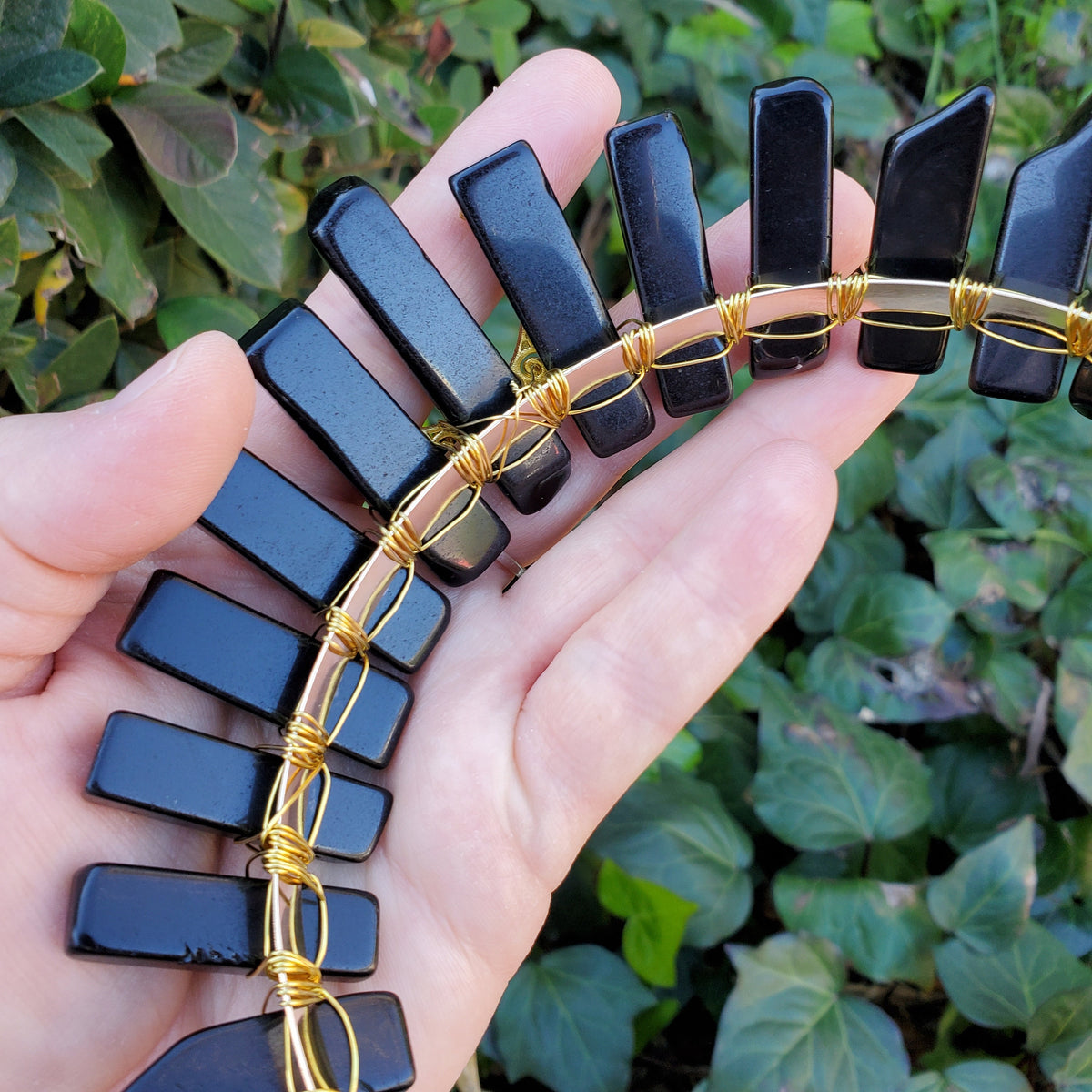Obsidian Crown with Gold Moon - Self Reflection, Release Negative Energies - Black and Gold Goddess Crown Healing Crystals Headband