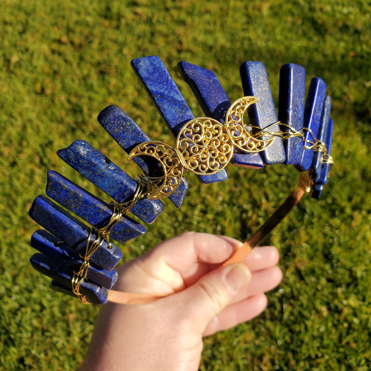 Lapis Lazuli Crown with Gold / Silver Triple Moon - Speak Your Truth, Self Expression, Communication - Lapiz Goddess Crown Gemstone Party