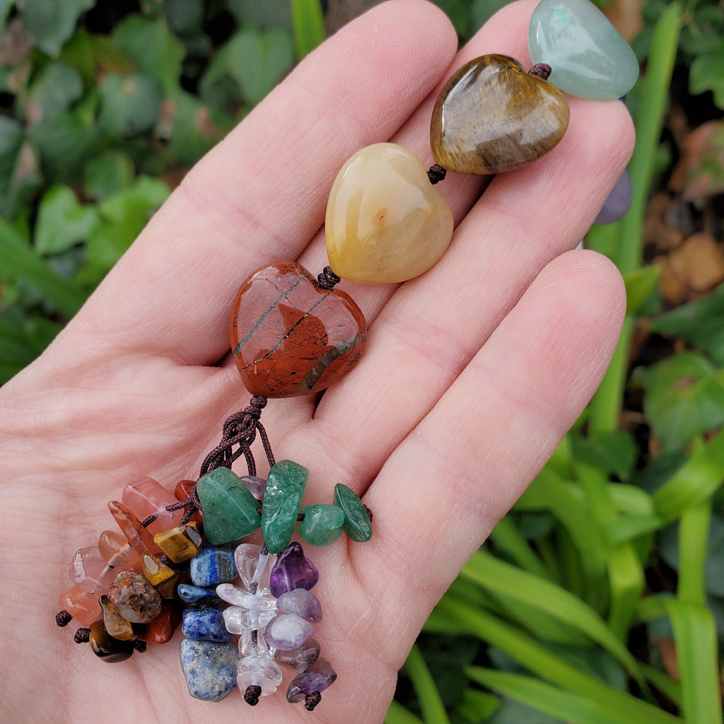 Crystal Hearts Car Charm 10" - Grounding, Manifestation, Self Reflection, Prosperity, Wisdom, Strength, Awareness - Chakra Hanging Charm