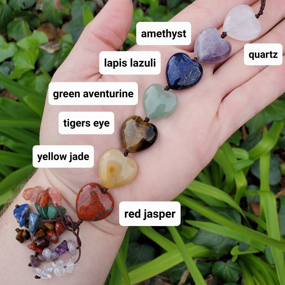 Crystal Hearts Car Charm 10" - Grounding, Manifestation, Self Reflection, Prosperity, Wisdom, Strength, Awareness - Chakra Hanging Charm