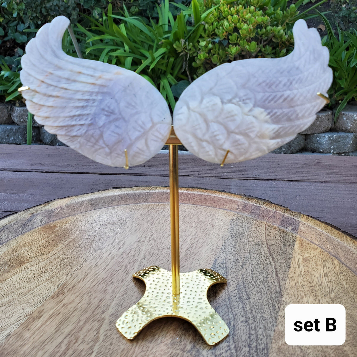 Moonstone Angel Wings with Gold Stand - Uplifting, Feminine Energy, Empowering - Flashy Moonstone Crystal Wings Healing Gemstones
