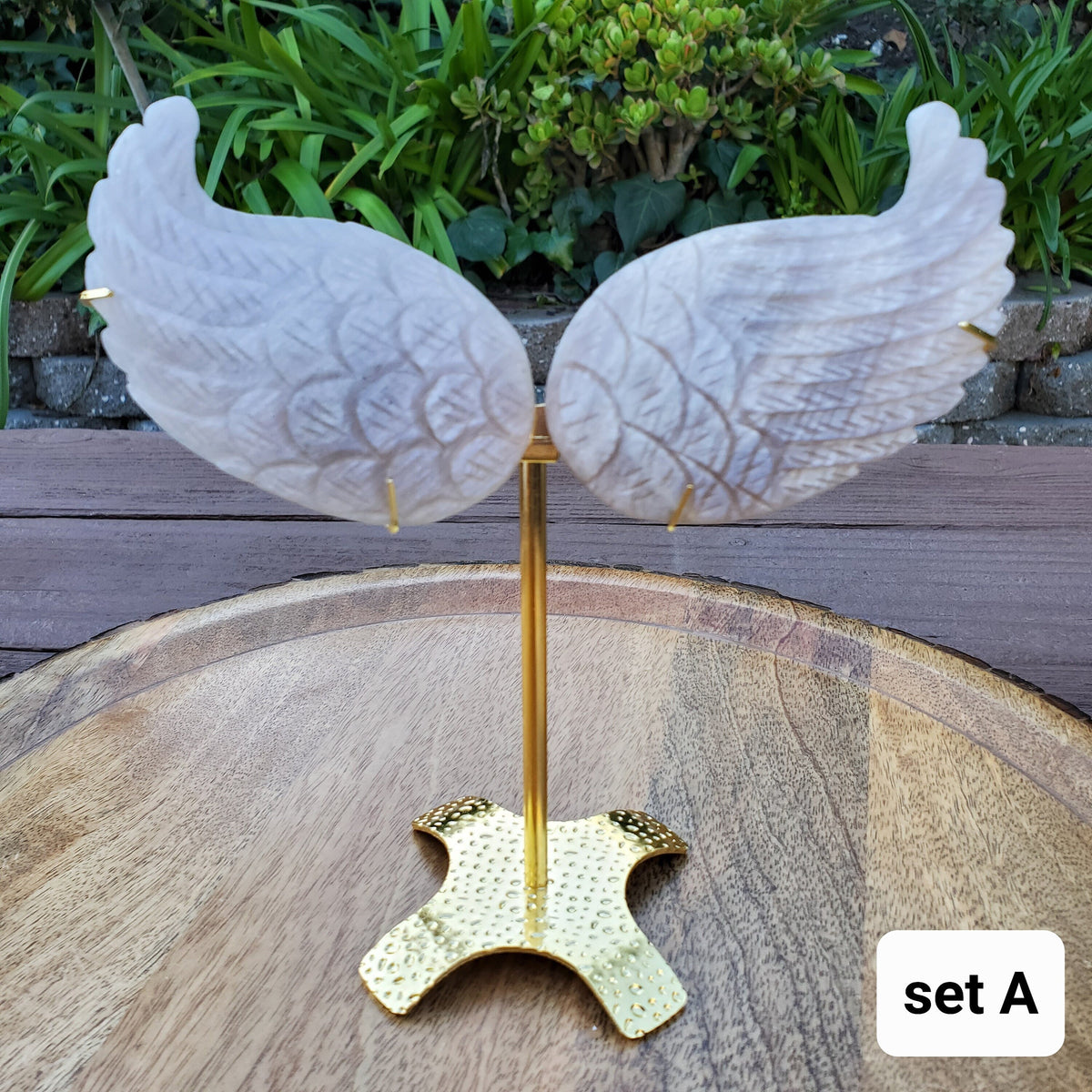 Moonstone Angel Wings with Gold Stand - Uplifting, Feminine Energy, Empowering - Flashy Moonstone Crystal Wings Healing Gemstones