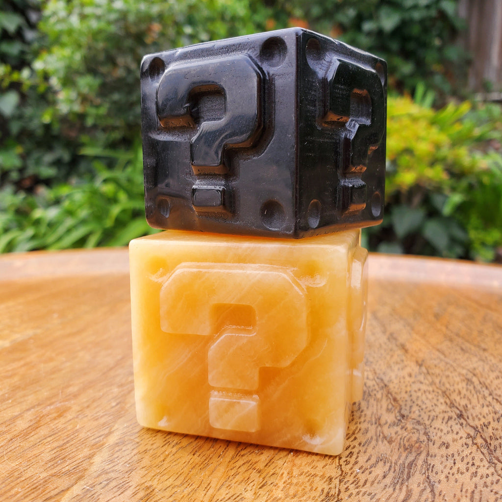 Obsidian Question Block or Orange Calcite Cube - Self Reflection, Release Negative Energies, Confidence, Self Esteem - Crystal Cube