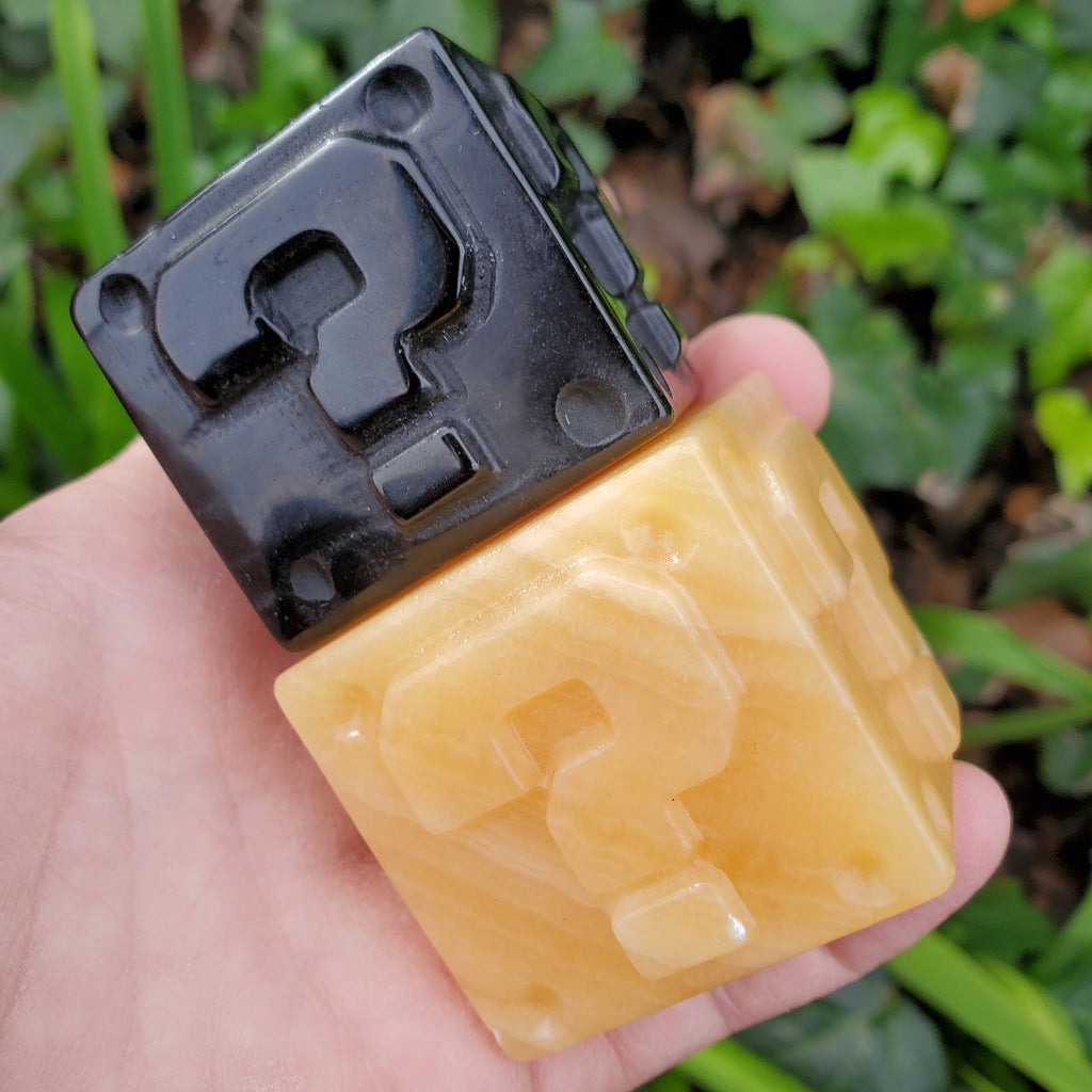 Obsidian Question Block or Orange Calcite Cube - Self Reflection, Release Negative Energies, Confidence, Self Esteem - Crystal Cube