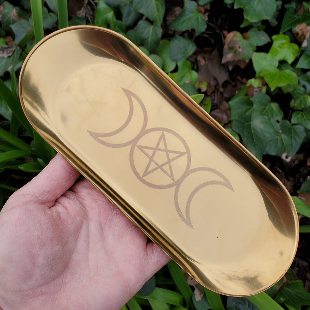 Metal Tray with Moon Phase - Crystal Tray, Display Tray, Gemstone Organizer, Gold Tray 9" x 3.6"