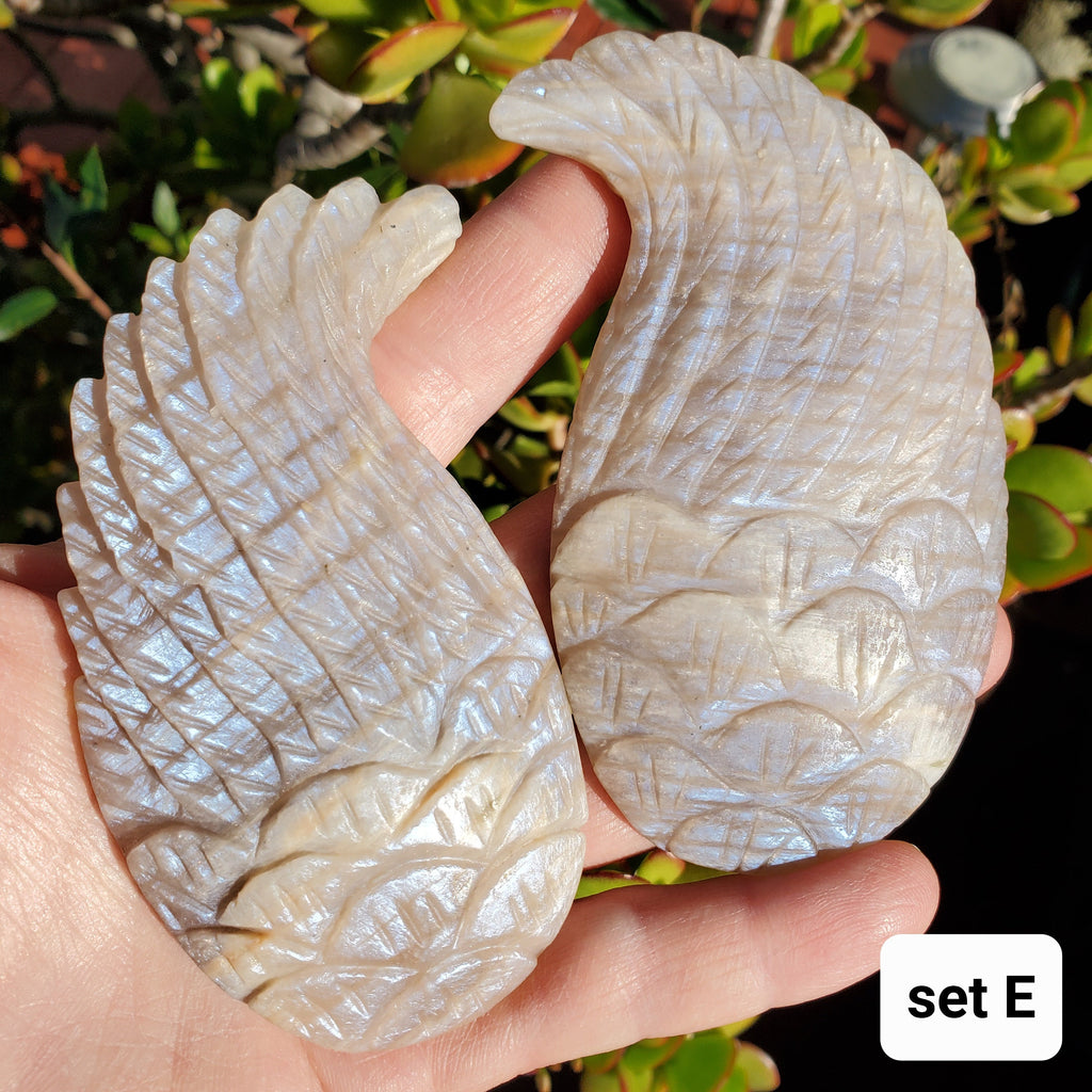 Moonstone Angel Wings with Gold Stand - Uplifting, Feminine Energy, Empowering - Flashy Moonstone Crystal Wings Healing Gemstones