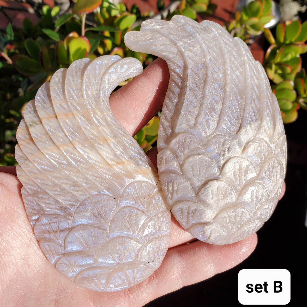 Moonstone Angel Wings with Gold Stand - Uplifting, Feminine Energy, Empowering - Flashy Moonstone Crystal Wings Healing Gemstones