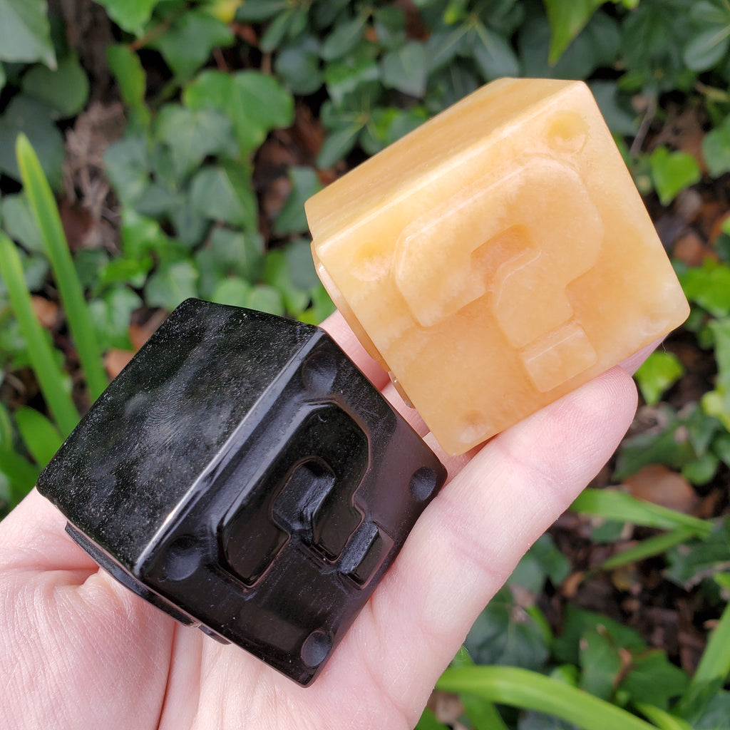 Obsidian Question Block or Orange Calcite Cube - Self Reflection, Release Negative Energies, Confidence, Self Esteem - Crystal Cube