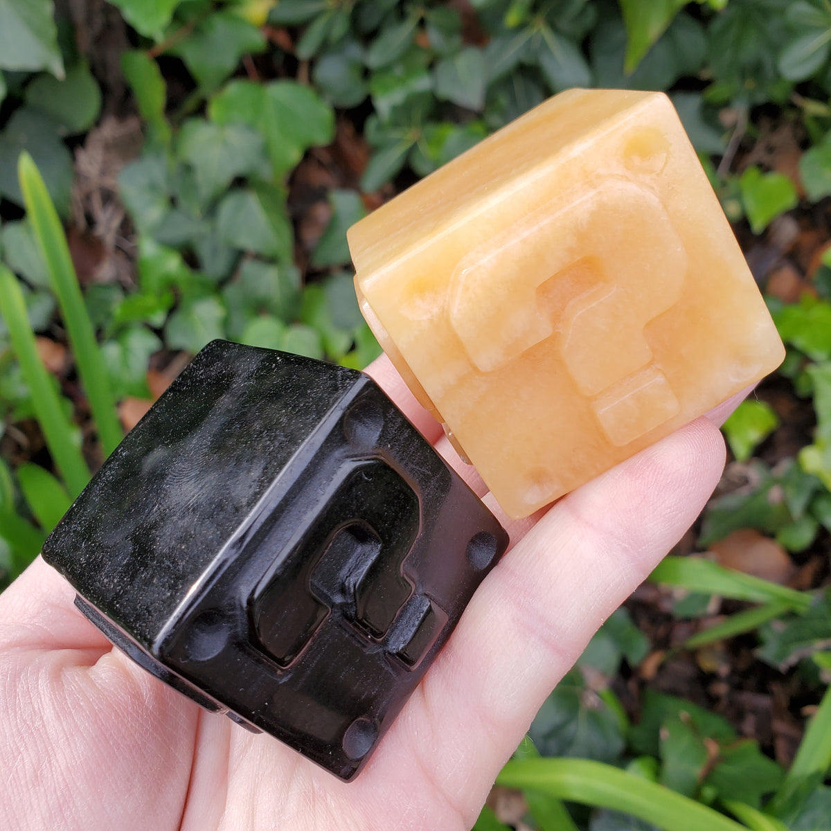 Obsidian Question Block or Orange Calcite Cube - Self Reflection, Release Negative Energies, Confidence, Self Esteem - Crystal Cube