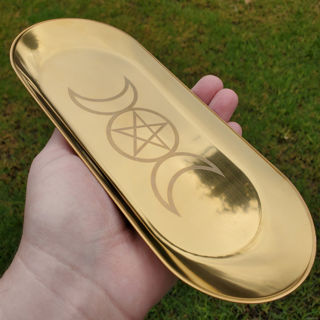 Metal Tray with Moon Phase - Crystal Tray, Display Tray, Gemstone Organizer, Gold Tray 9" x 3.6"