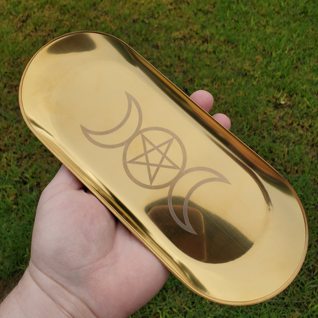 Metal Tray with Moon Phase - Crystal Tray, Display Tray, Gemstone Organizer, Gold Tray 9" x 3.6"