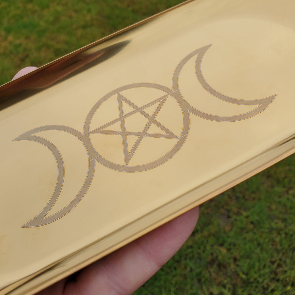 Metal Tray with Moon Phase - Crystal Tray, Display Tray, Gemstone Organizer, Gold Tray 9" x 3.6"