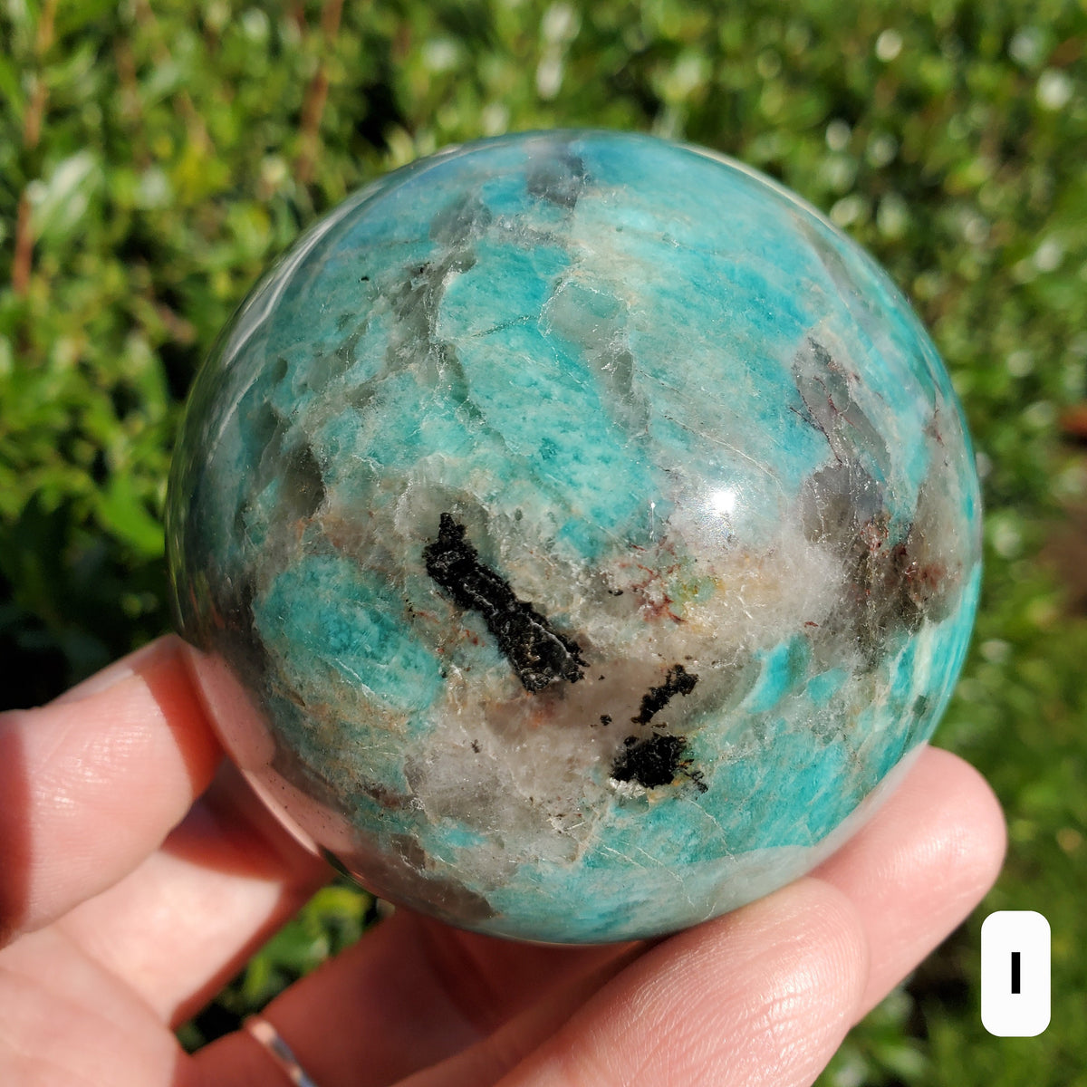 Amazonite Sphere with Smoky Quartz - Calming, Courage, Truth, Compassion - Amazonite Teal Crystal Ball Healing Gemstones
