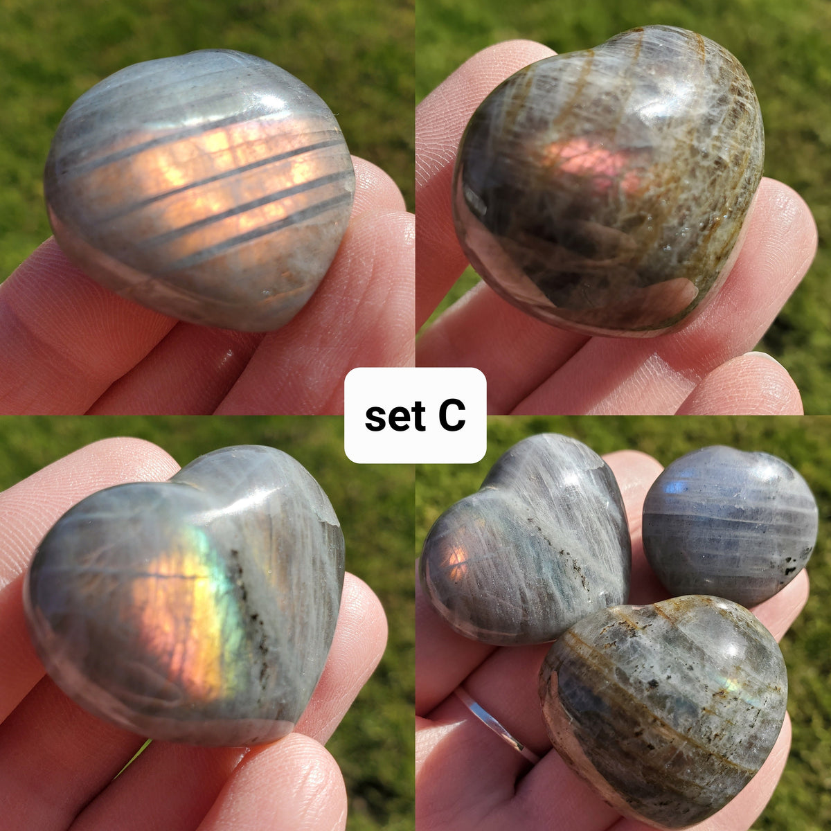 Flashy Labradorite Hearts Trio - Awareness, Connection, Intuition, Wisdom - Labradorite Healing Crystal Lab Heart Set
