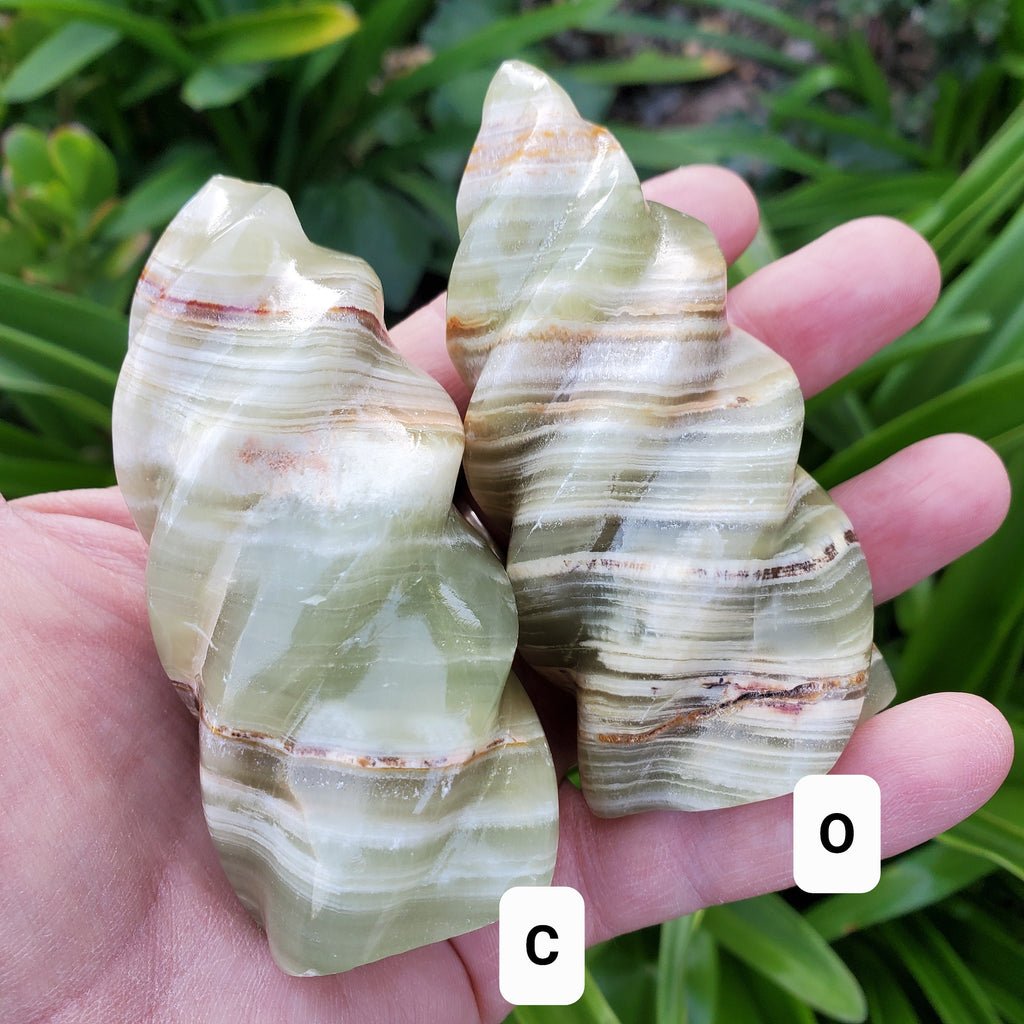 Green Onyx Flame - Strength, Willpower, Discipline - Crystal Swirl Green Flame Crystal Healing Gemstones