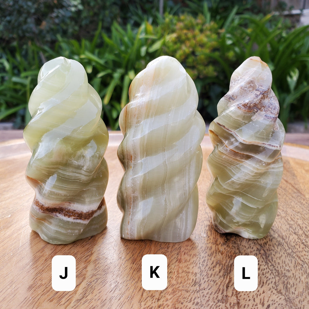 Green Onyx Flame - Strength, Willpower, Discipline - Crystal Swirl Green Flame Crystal Healing Gemstones