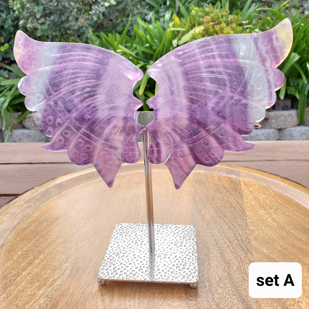 Rainbow Fluorite Butterfly Wings on Stand - Mental Clarity, Stability, Concentration, Energetic Protection - Fluorite Crystal Wings
