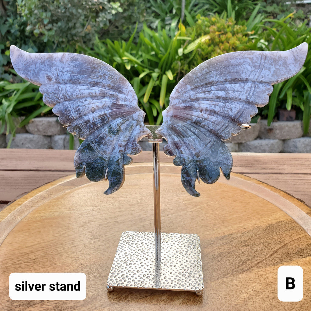 Moss Agate Butterfly Wings on Stand - Balance, Grounding, Reflection, New Beginnings - Agate Crystal Butterfly Wings Healing Gemstone