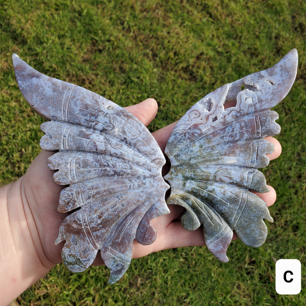 Moss Agate Butterfly Wings on Stand - Balance, Grounding, Reflection, New Beginnings - Agate Crystal Butterfly Wings Healing Gemstone