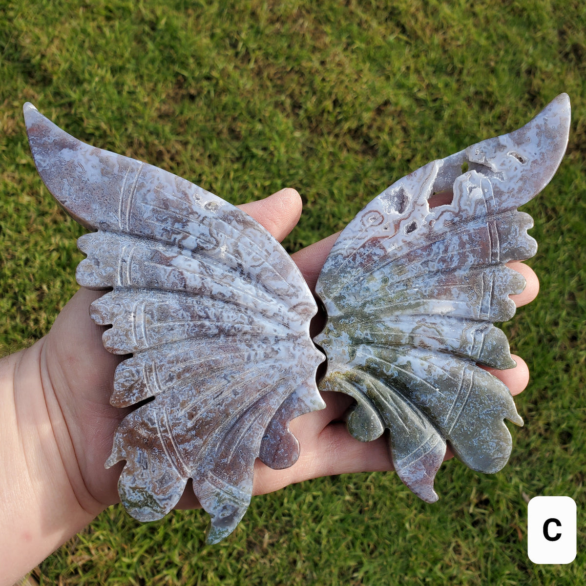 Moss Agate Butterfly Wings on Stand - Balance, Grounding, Reflection, New Beginnings - Agate Crystal Butterfly Wings Healing Gemstone