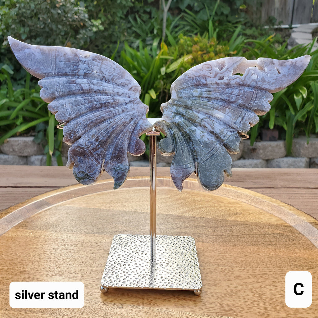 Moss Agate Butterfly Wings on Stand - Balance, Grounding, Reflection, New Beginnings - Agate Crystal Butterfly Wings Healing Gemstone