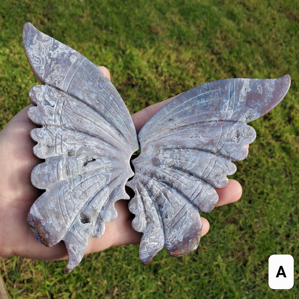 Moss Agate Butterfly Wings on Stand - Balance, Grounding, Reflection, New Beginnings - Agate Crystal Butterfly Wings Healing Gemstone