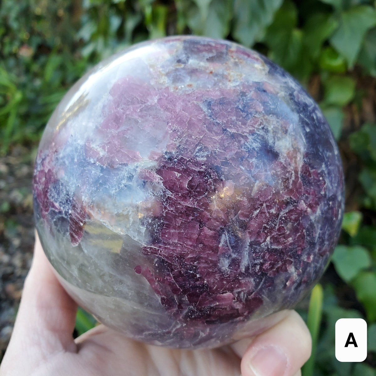 4.5" Unicorn Sphere + Rotating Wood Stand - Calm, Emotional Healing, Grounding - Pink Tourmaline, Lepidolite, Smokey Quartz, Cleavelandite