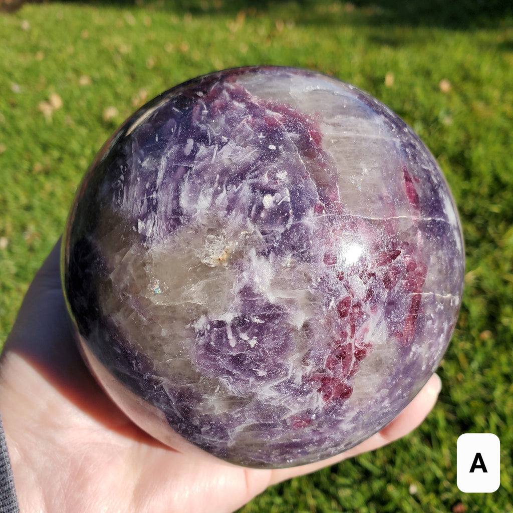 4.5" Unicorn Sphere + Rotating Wood Stand - Calm, Emotional Healing, Grounding - Pink Tourmaline, Lepidolite, Smokey Quartz, Cleavelandite