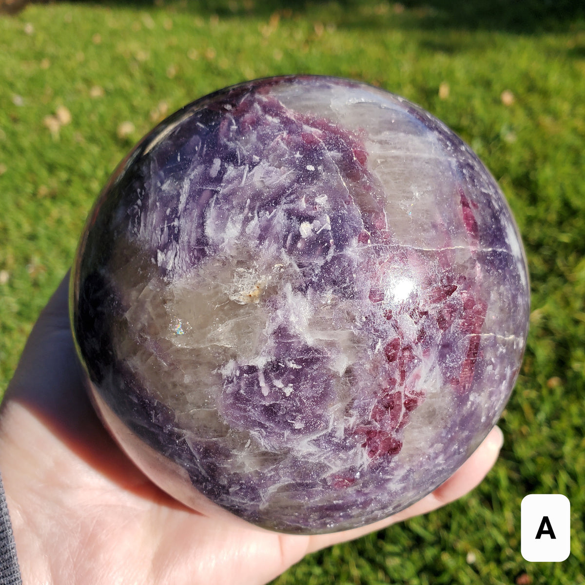 4.5" Unicorn Sphere + Rotating Wood Stand - Calm, Emotional Healing, Grounding - Pink Tourmaline, Lepidolite, Smokey Quartz, Cleavelandite