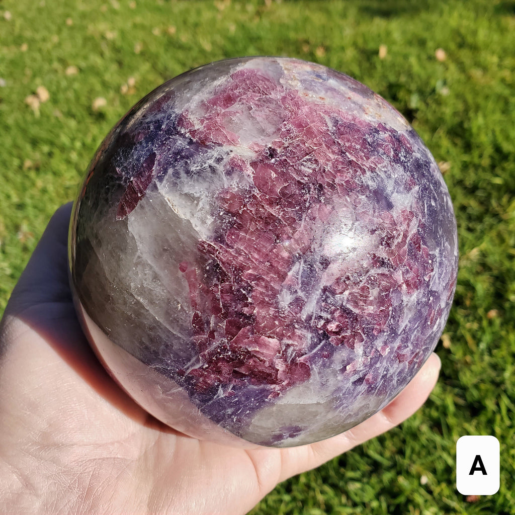 4.5" Unicorn Sphere + Rotating Wood Stand - Calm, Emotional Healing, Grounding - Pink Tourmaline, Lepidolite, Smokey Quartz, Cleavelandite