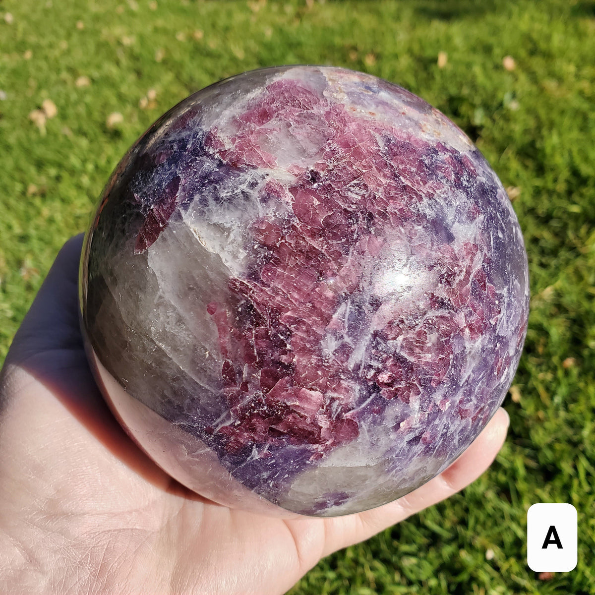 4.5" Unicorn Sphere + Rotating Wood Stand - Calm, Emotional Healing, Grounding - Pink Tourmaline, Lepidolite, Smokey Quartz, Cleavelandite
