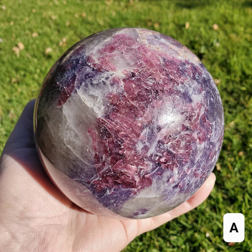 4.5" Unicorn Sphere + Rotating Wood Stand - Calm, Emotional Healing, Grounding - Pink Tourmaline, Lepidolite, Smokey Quartz, Cleavelandite