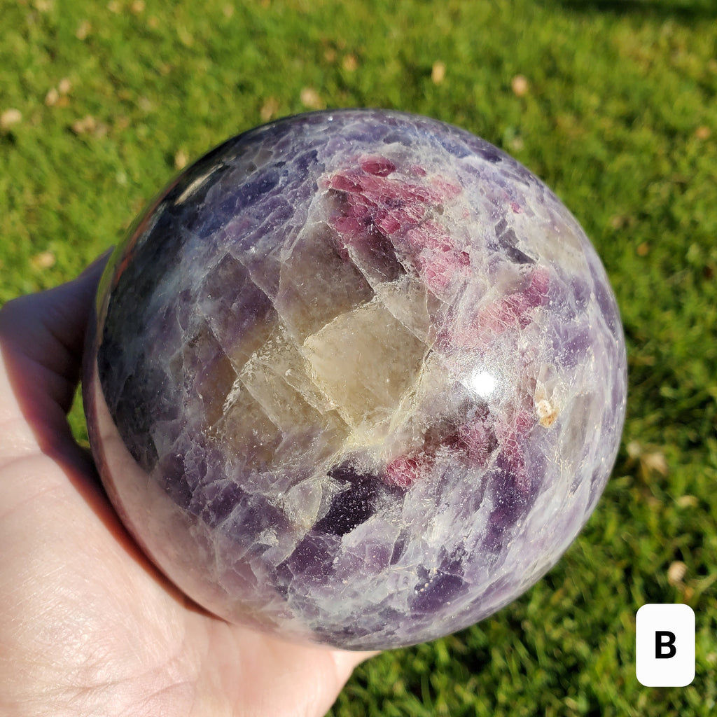 4.5" Unicorn Sphere + Rotating Wood Stand - Calm, Emotional Healing, Grounding - Pink Tourmaline, Lepidolite, Smokey Quartz, Cleavelandite