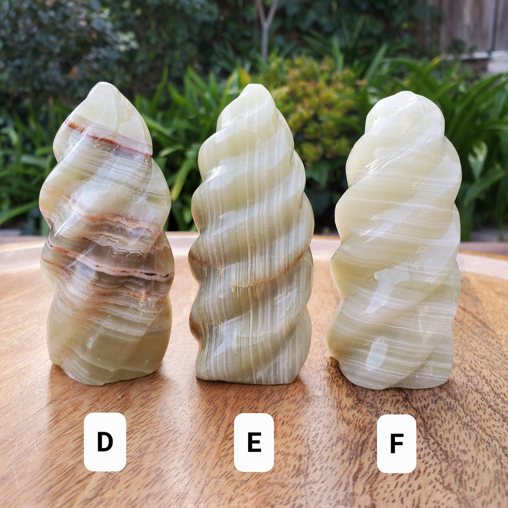 Green Onyx Flame - Strength, Willpower, Discipline - Crystal Swirl Green Flame Crystal Healing Gemstones