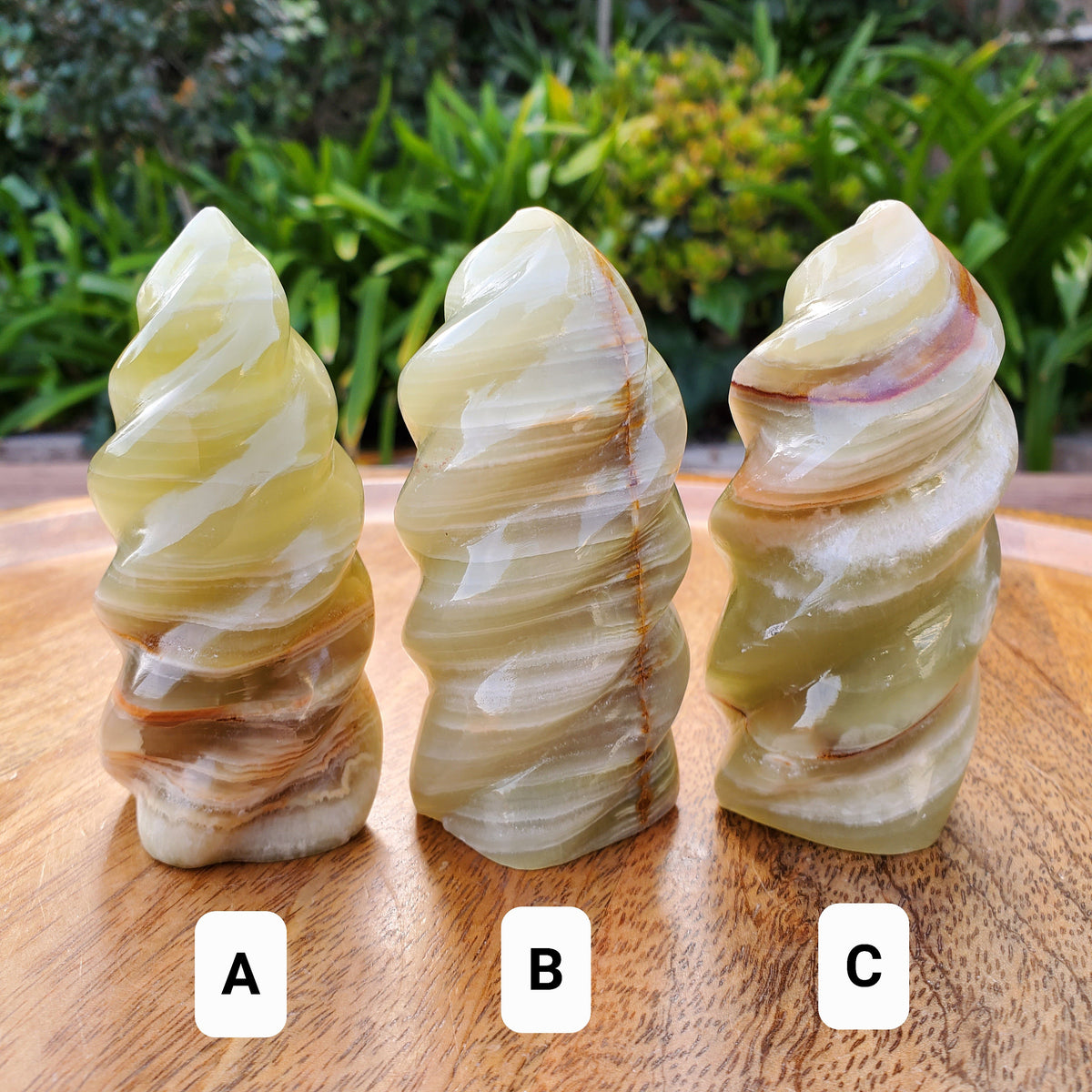 Green Onyx Flame - Strength, Willpower, Discipline - Crystal Swirl Green Flame Crystal Healing Gemstones