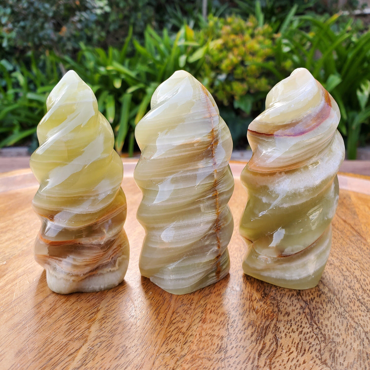 Green Onyx Flame - Strength, Willpower, Discipline - Crystal Swirl Green Flame Crystal Healing Gemstones