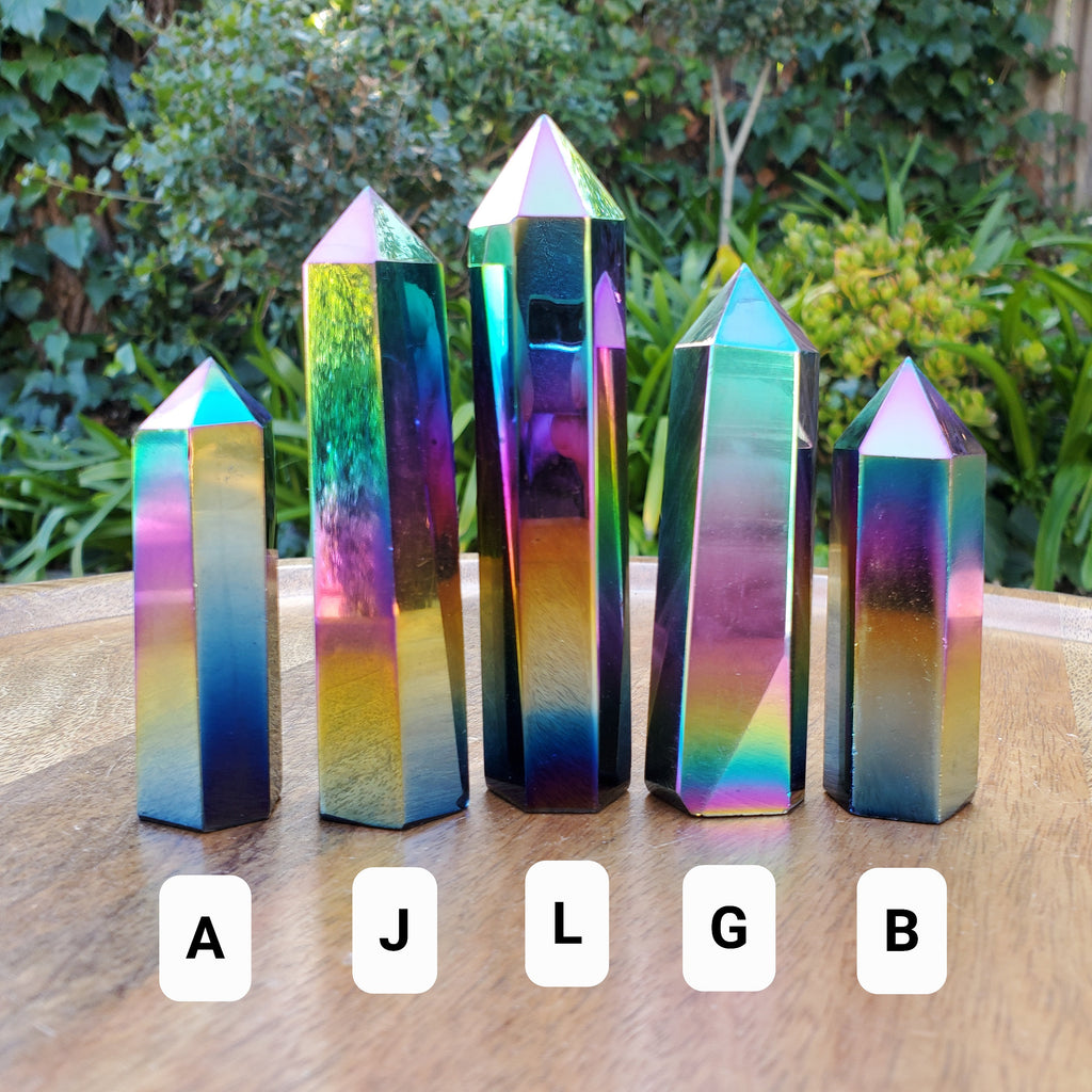 Aura Obsidian Tower - Self Reflection, Release Negative Energies, Balance - Rainbow Aura Point Healing Crystals Gemstones