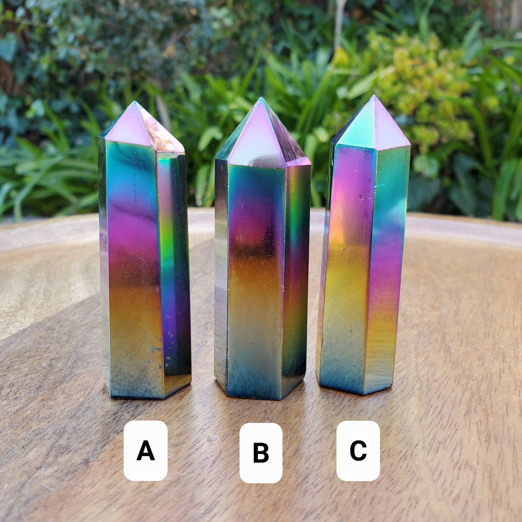 Aura Obsidian Tower - Self Reflection, Release Negative Energies, Balance - Rainbow Aura Point Healing Crystals Gemstones