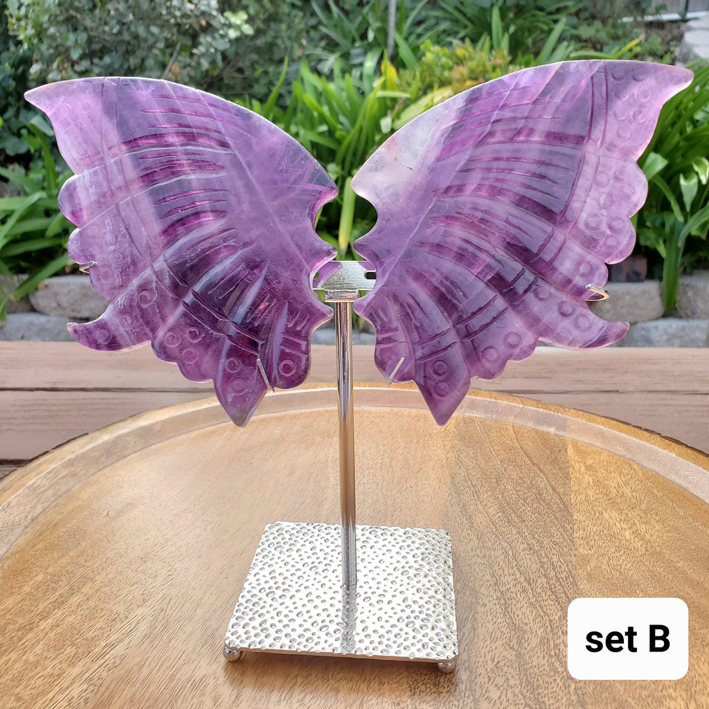 Rainbow Fluorite Butterfly Wings on Stand - Mental Clarity, Stability, Concentration, Energetic Protection - Fluorite Crystal Wings