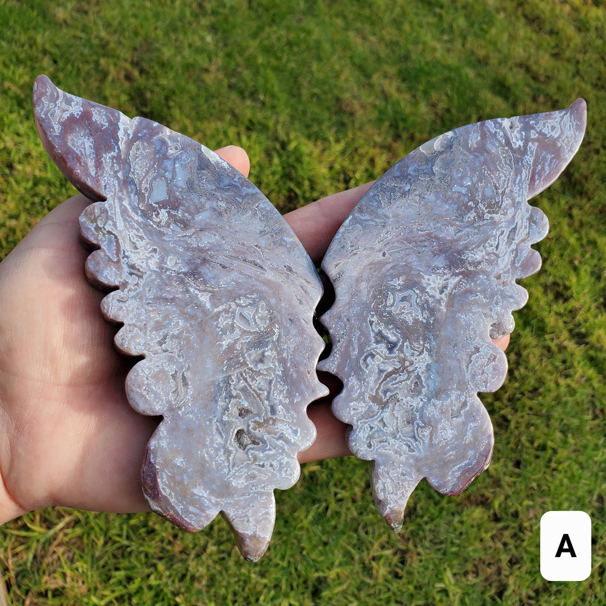 Moss Agate Butterfly Wings on Stand - Balance, Grounding, Reflection, New Beginnings - Agate Crystal Butterfly Wings Healing Gemstone