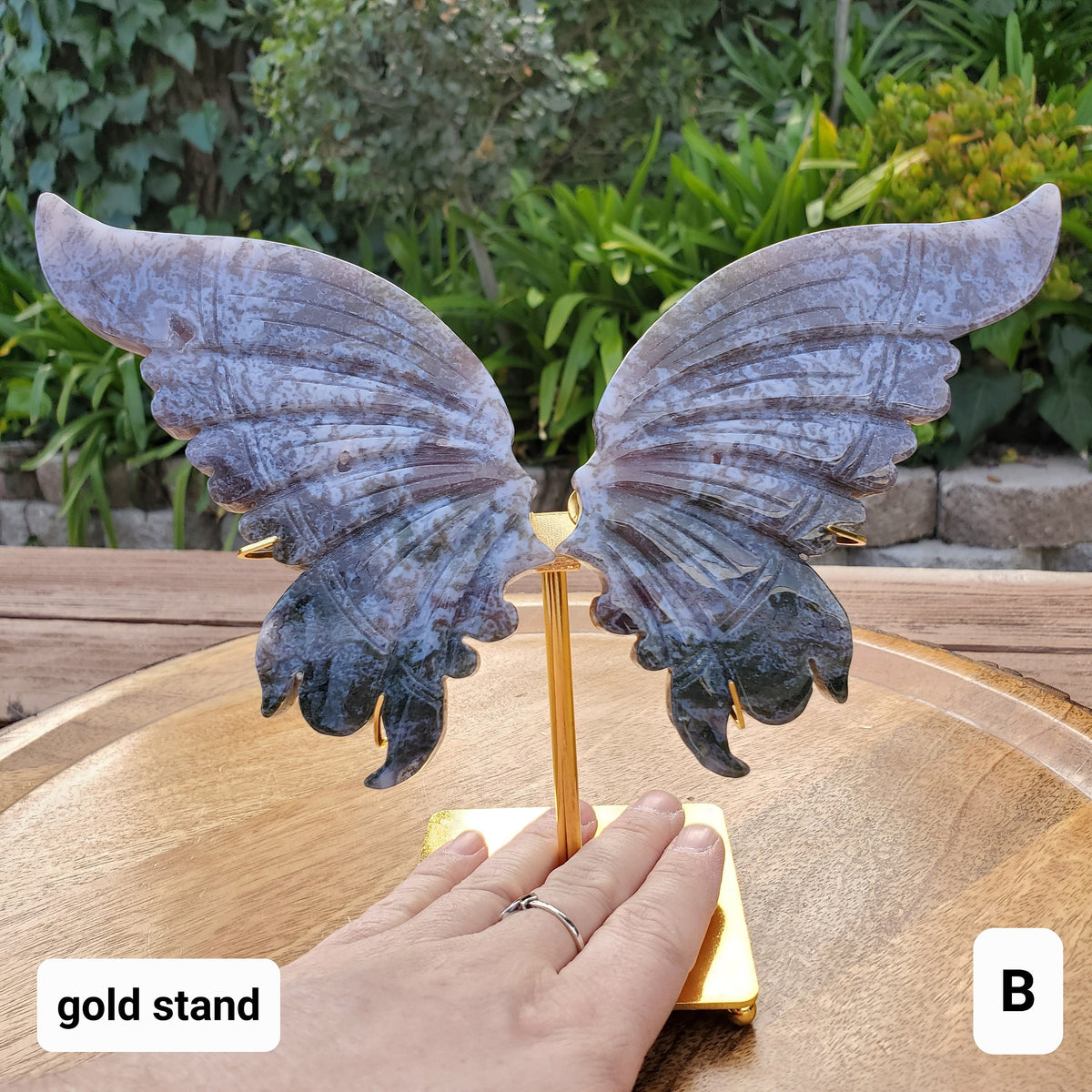 Moss Agate Butterfly Wings on Stand - Balance, Grounding, Reflection, New Beginnings - Agate Crystal Butterfly Wings Healing Gemstone