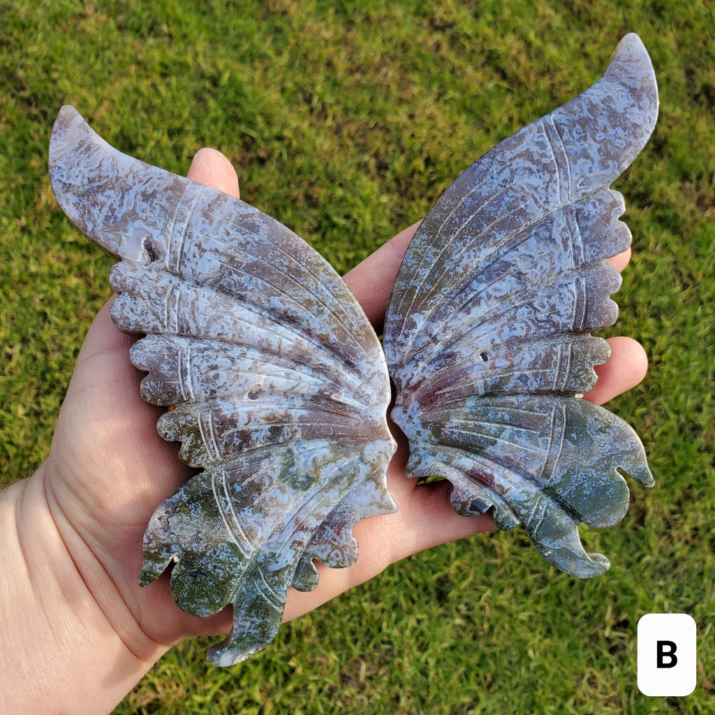 Moss Agate Butterfly Wings on Stand - Balance, Grounding, Reflection, New Beginnings - Agate Crystal Butterfly Wings Healing Gemstone