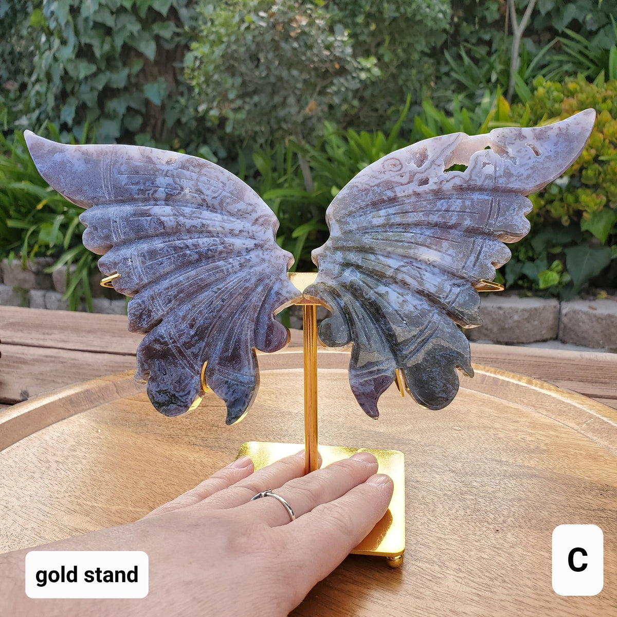 Moss Agate Butterfly Wings on Stand - Balance, Grounding, Reflection, New Beginnings - Agate Crystal Butterfly Wings Healing Gemstone
