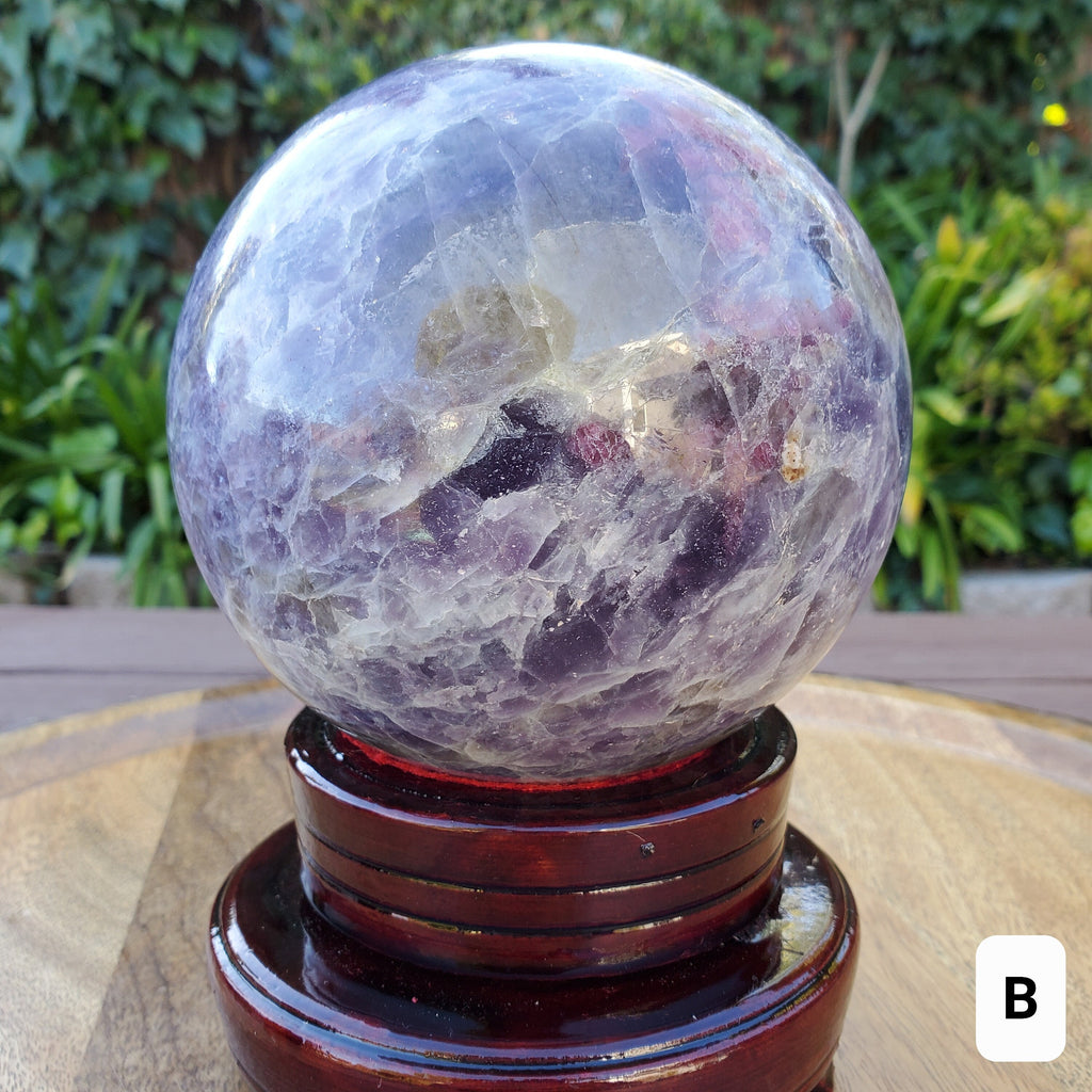 4.5" Unicorn Sphere + Rotating Wood Stand - Calm, Emotional Healing, Grounding - Pink Tourmaline, Lepidolite, Smokey Quartz, Cleavelandite