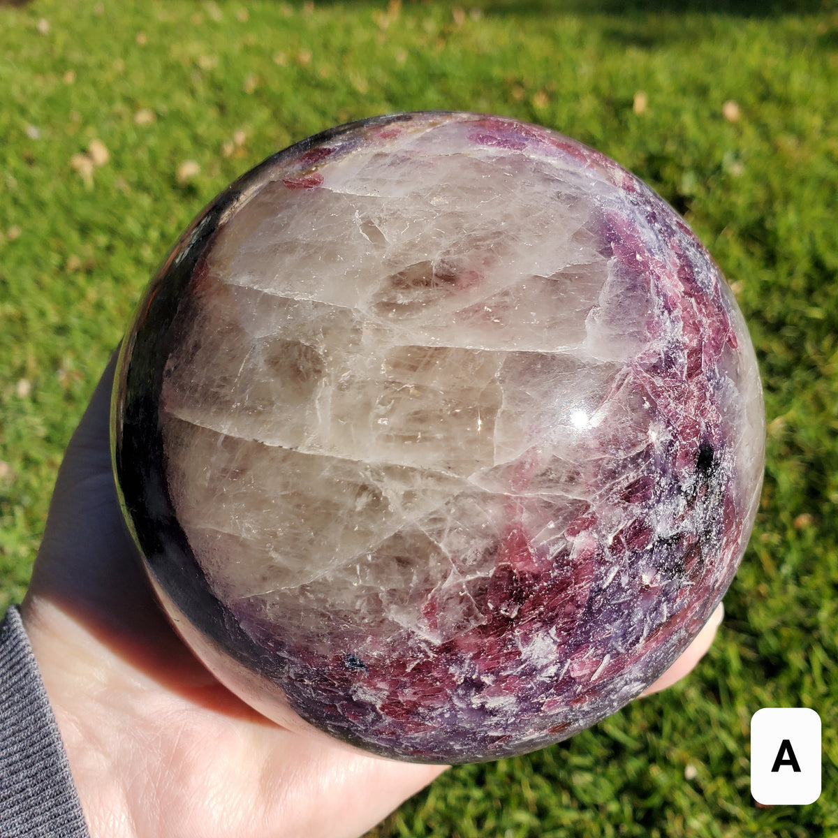 4.5" Unicorn Sphere + Rotating Wood Stand - Calm, Emotional Healing, Grounding - Pink Tourmaline, Lepidolite, Smokey Quartz, Cleavelandite