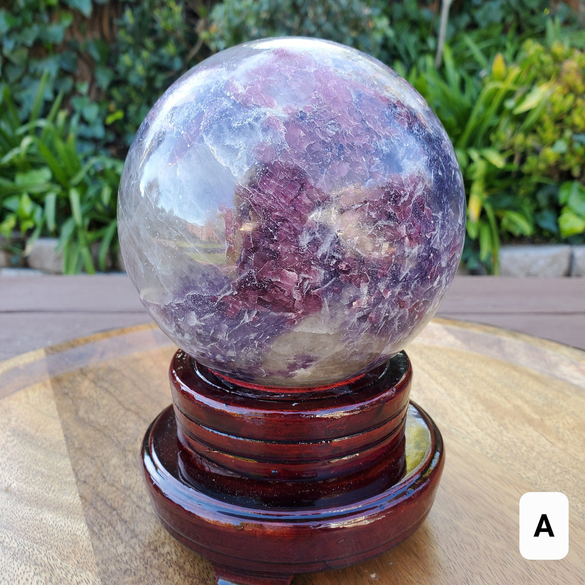 4.5" Unicorn Sphere + Rotating Wood Stand - Calm, Emotional Healing, Grounding - Pink Tourmaline, Lepidolite, Smokey Quartz, Cleavelandite