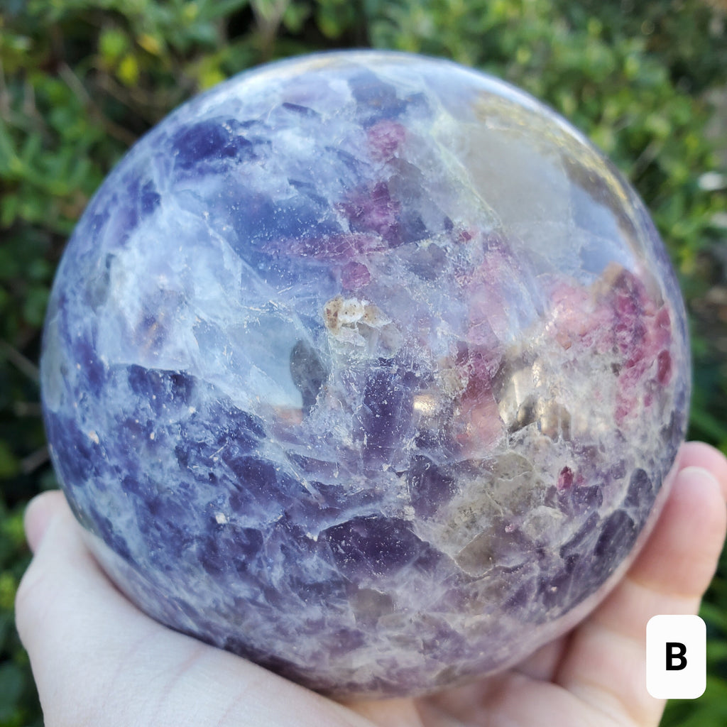 4.5" Unicorn Sphere + Rotating Wood Stand - Calm, Emotional Healing, Grounding - Pink Tourmaline, Lepidolite, Smokey Quartz, Cleavelandite